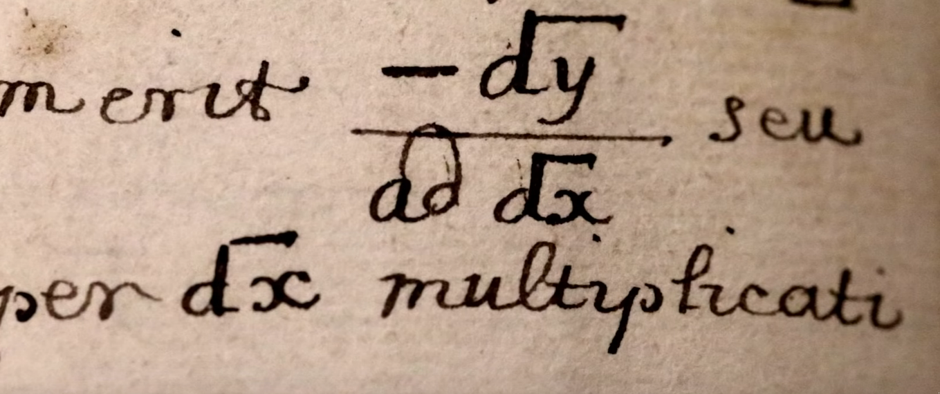 Trecho de uma carta de Leibniz a Oldenburg, cerca de 1670, onde se lẽ dx/dy. Fonte: Objectivity/Royal Society.